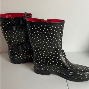 Size 10 Rain Boots - Black and White Polka Dots